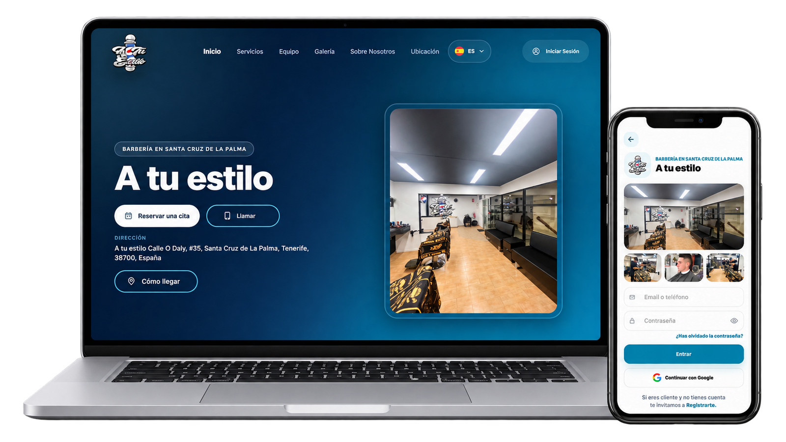 Sitio Web + Aplicación de reservas para barberías, peluquerías y salones de belleza.